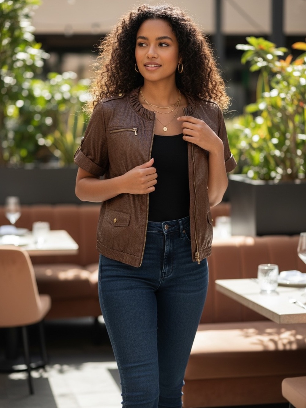 Chico's Brown Short-Sleeve Leather Jacket